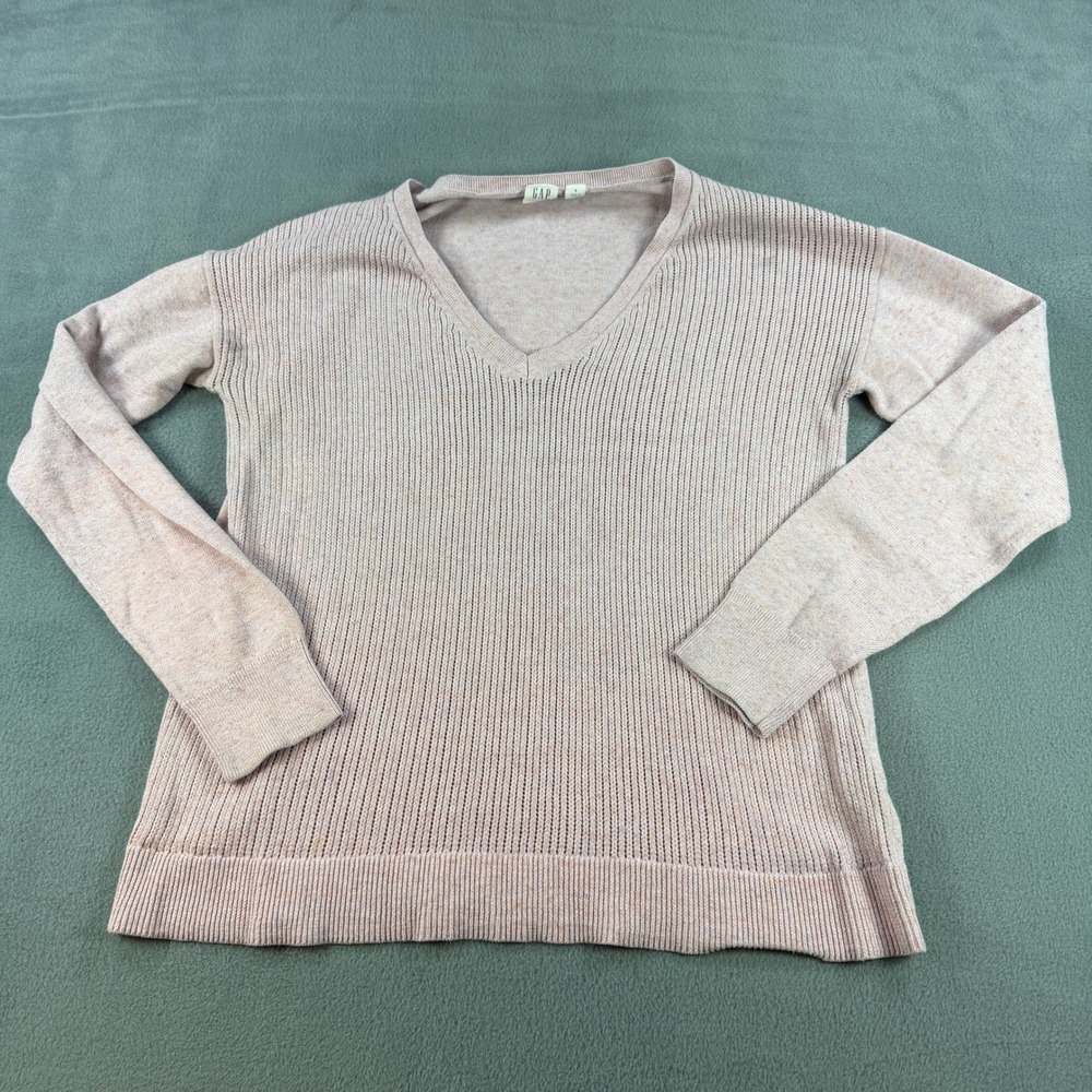 GAP Womens V-Neck Sweater Pink Marl Ribbed Knit Pullover Size S